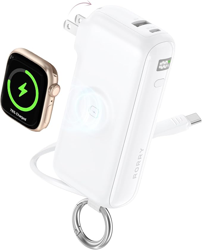 RORRY Flow Portable Charger 10000mAh 40W Wall Plug Power Bank Battery Pack | Built-in USB-C Cable, Keychain Design, Fast Charging, for iPhone 17/16/15, Apple Watch, iPad, 3-in-1, Travel Essential by RORRY