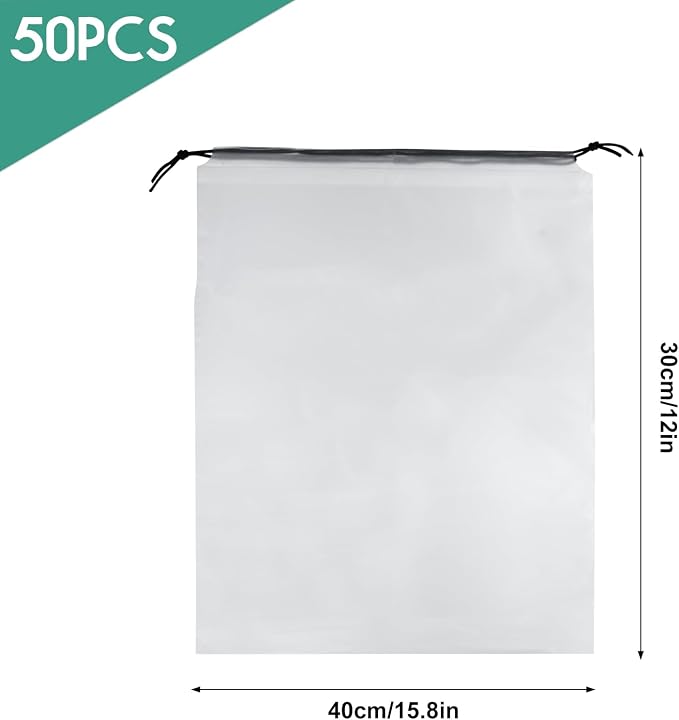 50 Pcs Shoe Bags for Travel，PLULON 15.7" x 11.8" Clear Drawstring Storage Plastic Bags Shoes Organizer for Packing Waterproof Dustproof Women Men Portable Travel Essentials - Image 3