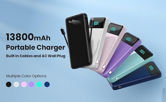 Portable Charger for iPhone with Built-in Cables and Wall Plug,Upgraded 13800mAh Fast Charging USB C Power Bank,4 Outputs Slim Travel Essential Battery Pack for iPhone 17/16/15/14/13,Galaxy,Android - Image 8