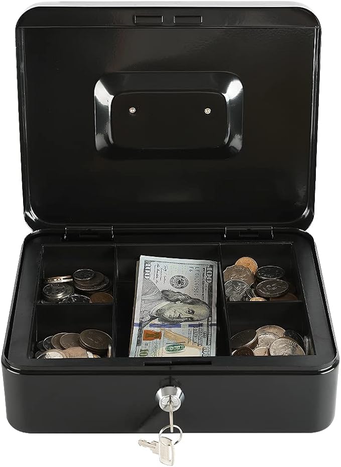 xydled Large Cash Box with Lock, Removable Coin Tray, Steel Money Box, Black - Image 3