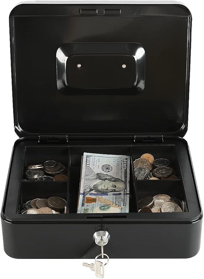 xydled Medium Cash Box with Lock, Removable Coin Tray, Steel Money Box, Black - Image 4
