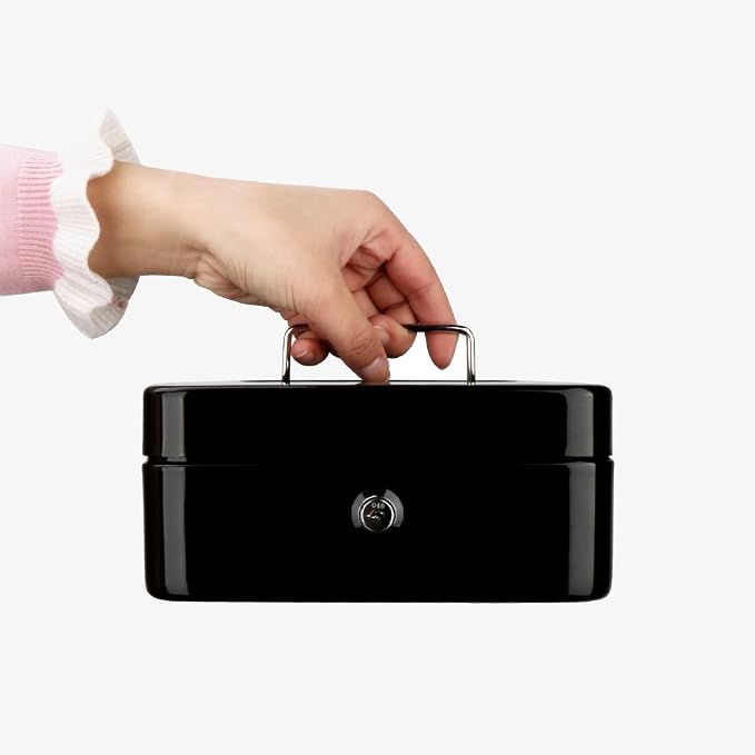 Decaller Cash Box with Money Tray, Medium Metal Locking Money Box with Key Lock for Security, 7.87" x 6.30" x 3.54", Black - Image 4