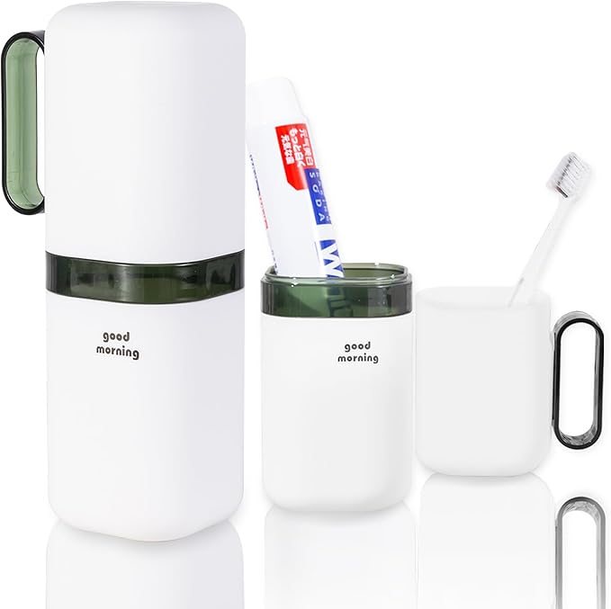 Travel Toothbrush Holder Case,Toothbrush Holder and Rinse Cup with Handle Toothbrush Travel Case, 2 in 1 Toothbrush Cup,Large Capacit Travel Toothbrush Holder with Mouthwash Cup-Green by Fehnag