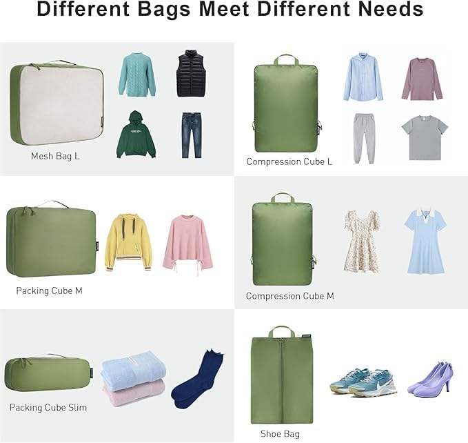 Bagail Ultralight Compression Cubes 7 Set - 3 Packing Cubes, 3 Organizers, and 1 Shoe Bag - Image 3