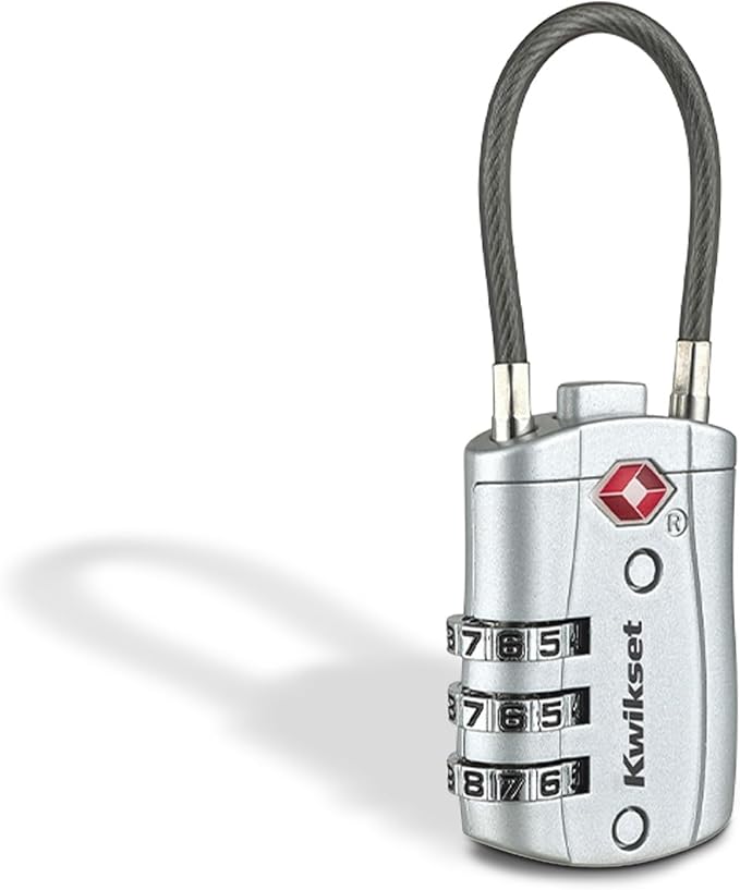 Kwikset TSA Approved Combination Luggage Lock with Cable, 1-Pack, Silver | Cable Shackle Threads Through Zippers, Straps and Handles; Resettable Code with 1-3/16 in Body for Travel by Unknown