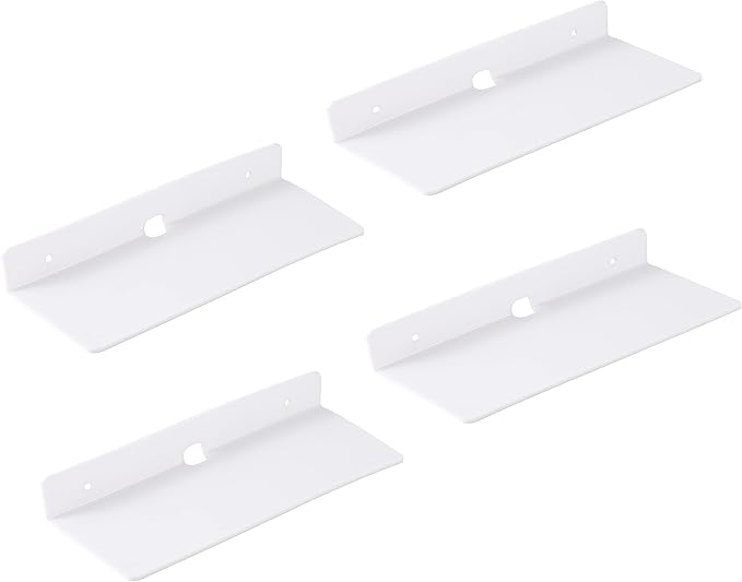 9 Inch Acrylic Floating Shelves Set of 4,Small Wall Display Shelf for Bluetooth Speakers/Security Cameras/Nintendo Switch/Action Figures,Damage-Free Wall Shelves Stick-On Shelf,White by IEEK