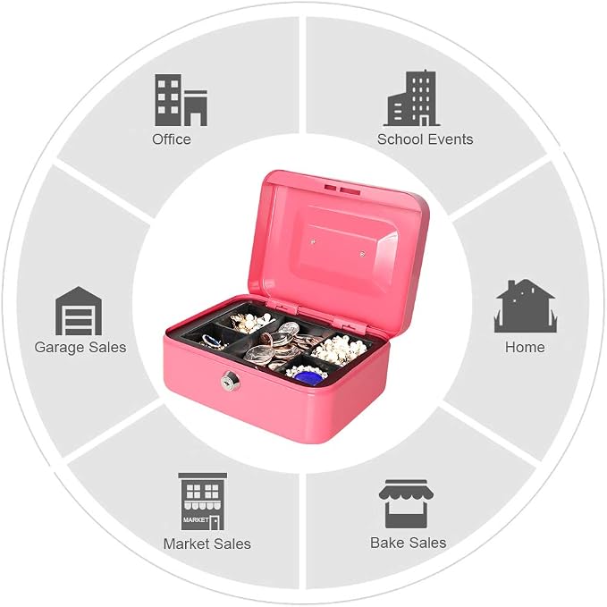 Jssmst Small Cash Box with Key Lock - Durable Metal Cash Box with Money Tray Pink, CB0104M - Image 7