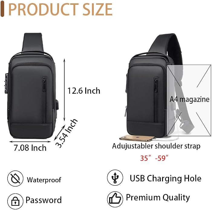 Travel Sling Bag Waterproof Crossbody Bag with Combination Lock Anti-Theft PU Leather Chest Bag - Image 2
