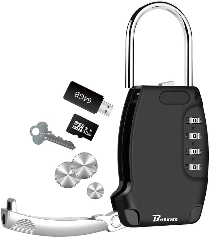 Lockbox Portable, Key Safe Storage Box Alloy, Realtor's Hanging 4 Digits Combination Lock Box Waterproof, Metal Resettable Key Hider for Home, House Keys, Vacation Rentals-Black by Brillirare