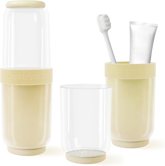 Toothbrush Cup with Cover, Travel Toothbrush Case Portable Toothbrush Holder for Traveling Business Camping School Bathroom (Beige) by QIEPOMI
