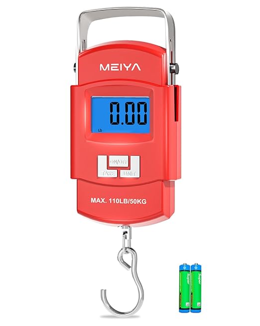 MEIYA Fish Scale 110lb Portable Luggage Scale Travel Digital Hanging Scale with Hook, Fishing Gifts for Men, Weighing Tool for Suitcases & Fish, Includes 2 AAA Batteries, Backlit LCD Display (Red) by MEIYA