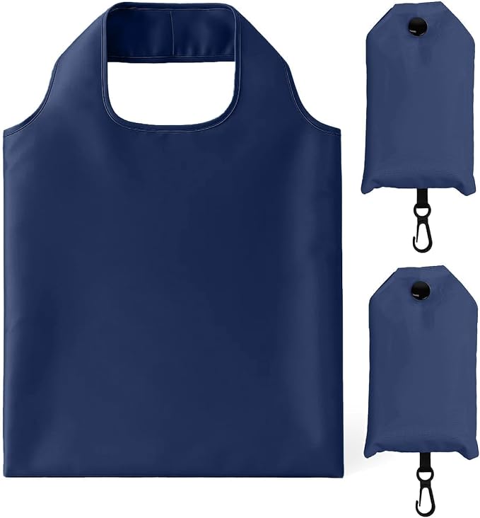 2 Pack Foldable Shopping Bag, Reusable Grocery Tote Bag, Navy Blue | Waterproof Nylon, 35 Pounds Weight Capacity, Pocket Size Carrier by Unknown