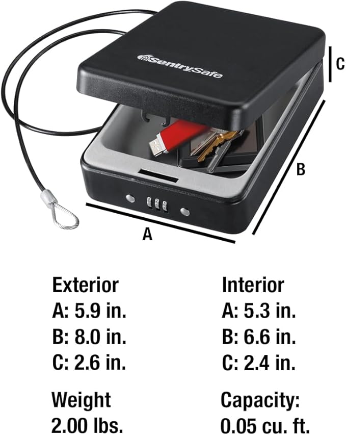 SentrySafe Small Safe, Black Lock Box with Combination Lock for Office or Dorm Secures Money, Passport, Jewelry, 0.05 Cubic Feet, Exterior: 2.6 in. H x 5.9 in. W x 8.0 in. D, ‎P005C | Compact Combination Lock Safe Ideal For Dorms, Offices, Tethering Ab... - Image 5