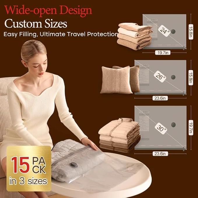 Vacbird Travel Vacuum Bags with Rechargeable Pump, Carry-On Space Saver | See Contents Easily with Transparent Bags, 1500mAh Pump Compresses 90+ Bags, Carry-On Size for Easy Travel Packing - Image 3