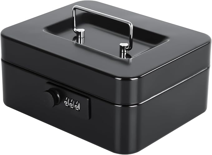 KYODOLED Cash Box with Combination Lock Safe Metal Money Box with Money Tray for Security Lock Box 7.87"x 6.30"x 3.35" Black by KYODOLED