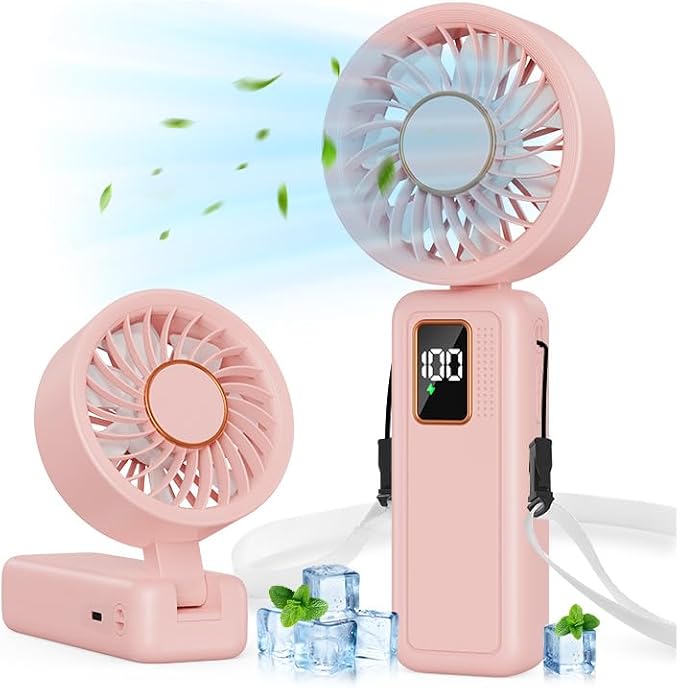 Handheld Fan, 5 Speed & 14H Cooling Time Portable Fan, 6000mAh USB Rechargeable Mini Fan with LED Display, Powerful but Quiet, Foldable Desk Fan, Lanyard for Neck Fan, Personal Fan for Travel/Office by JTSIOV