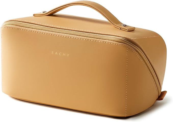 EACHY Travel Makeup Bag for Women, Flat Open Cosmetic Bag, Yellow, Medium | PU leather organizer with flat-open access, storage pockets and clear TPU brush compartment for daily makeup and toiletries by EACHY