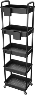 5 Tier Rolling Utility Cart with Handle,REBECAT Utility Cart Made of Multifunctional Storage Organizer Tool for Kitchen,Bathroom,Living Room,Office(Black) by REBECAT