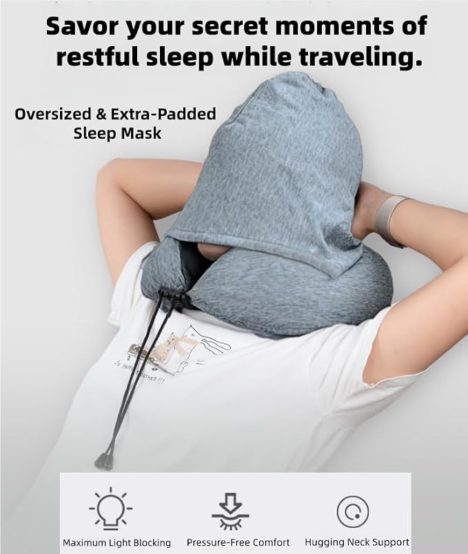 Travel Neck Pillow with Extra Large Hood Rollable Airplant Hooded Neck Pillow with Memory Foam Filling and Removable, Skin-Friendly Cover with a Carrying Pouch - Image 3