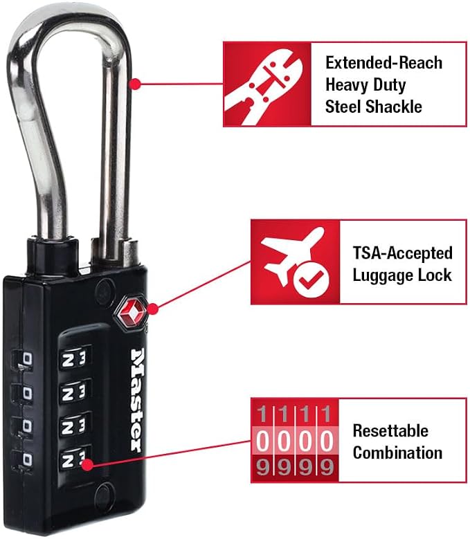 Master Lock TSA Approved Combination Luggage Lock Black 4-Pack 4696EC4 | Heavy Duty Set Your Own 4-digit Combination Lock For Suitcases, Backpacks, Travel Bags, Airport Security, 1-5/16" Wide - Image 2