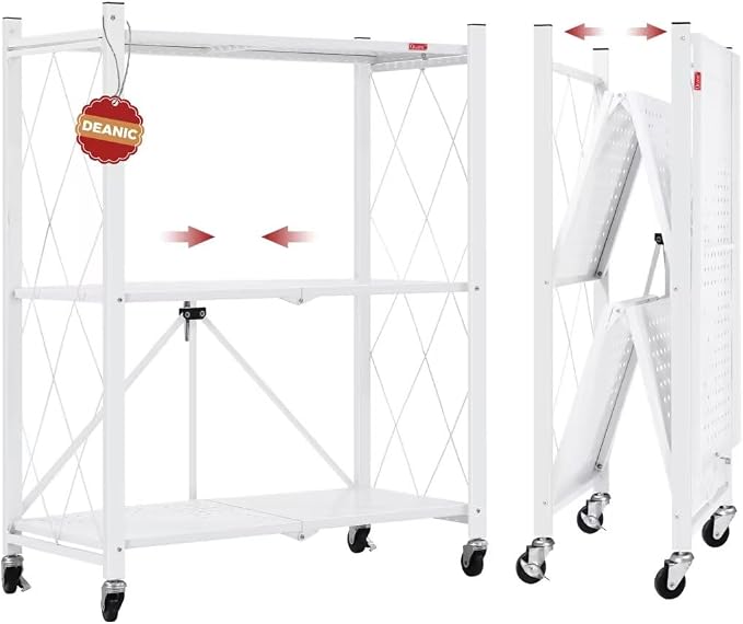 DEANIC 3 Tier Foldable Storage Shelves with Wheels, Kitchen Appliance Stand, Freestanding Metal Wire Shelf Rack, No Assembly Organizer Rolling Cart for Garage, Basement, Pantry(White) by ShowNow