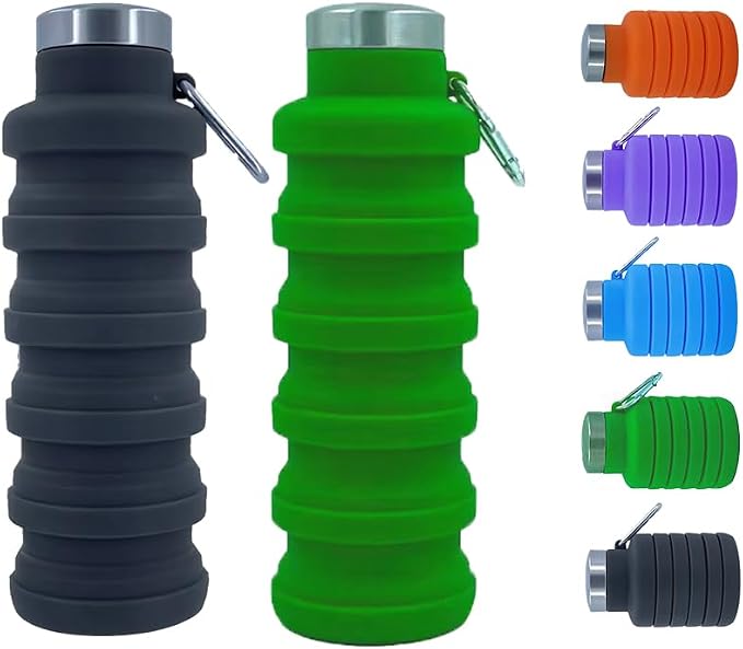 Collapsible Water Bottles 2 pack 17oz (Black + Green) | Silicone Water Bottle with Carabiner，Reusable Foldable Lightweight Sports Water Bottle for Travel Gym Camping Hiking by Ummigi