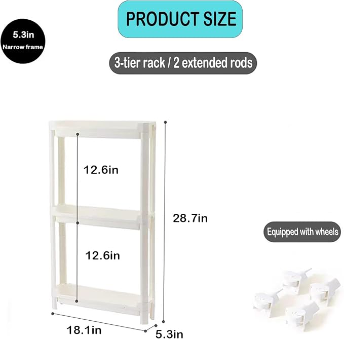 Slim Rolling Storage Cart with Wheels, Narrow Bathroom Cabinet Organizer for Small Spaces,Thin Shelf Unit,Kitchen,White (3 Tier) - Image 3