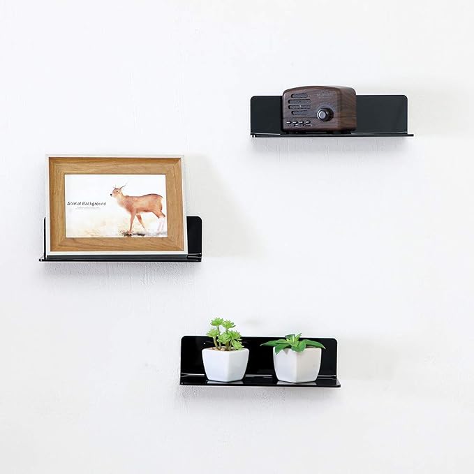 4 PCS Small Acrylic Floating Wall Shelves,9 Inch Adhesive Display Shelf for Nintendo Switch/Smart Speaker/Security Cameras/Action Figures,No Damage Expand Wall Space,Black - Image 2