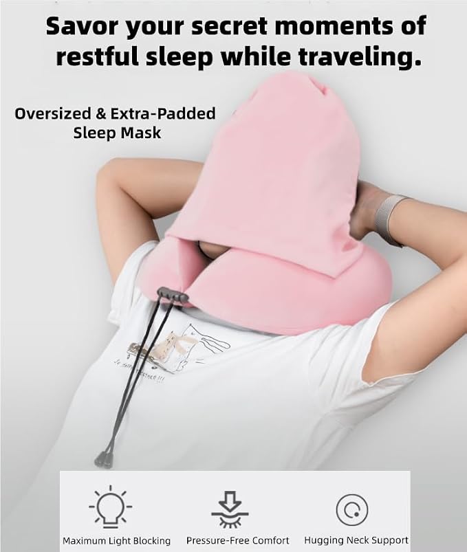 Travel Neck Pillow with Extra Large Hood Rollable Airplane Hooded Neck Pillow with Memory Foam Filling and Removable, Skin-Friendly Cover with a Carrying Case & Pouch (Velvet) - Image 3