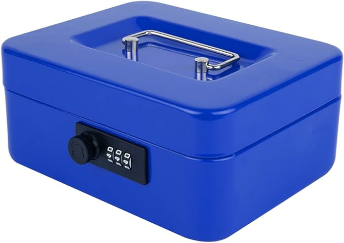 KYODOLED Cash Box with Combination Lock,Safe Metal Box for Money,Storage Lock Box with Money Tray,7.87"x 6.30"x 3.54" Blue Medium by KYODOLED