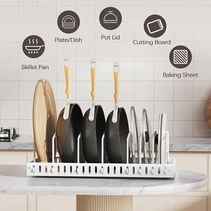 2 Pack Pull Out Pots and Pans Organizer for Cabinet & Countertop, Kitchen Cabinet Organizer with 8 Adjustable Dividers, Storage for Pot Lid, Dishes, Bakeware, White - Image 2