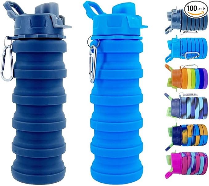 Collapsible Water Bottles 2 Pack 500ml (Black+Blue) | Silicone Water Bottle with Carabiner Expandable Water Bottle Portable Sport Water Bottle for Travel Camping by konlongzan