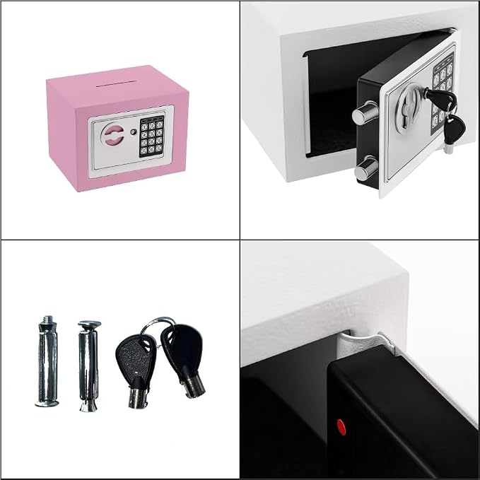 Pink Mini Security Lock Box with Digital Keypad & Keys for Jewelry, Gun, Cash & Coins - Safe Box for Home, Office, Hotel Rooms - Image 6