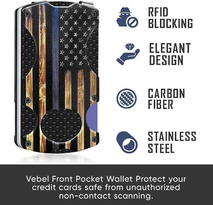 Wood Grain Blue Line American Flag Minimalist Wallet for Men | Slim RFID Aluminum Metal Wallet, Scratch Resistant & Seamless, Credit Card Holder & Money Clip, Gift for Police Officer - Image 2