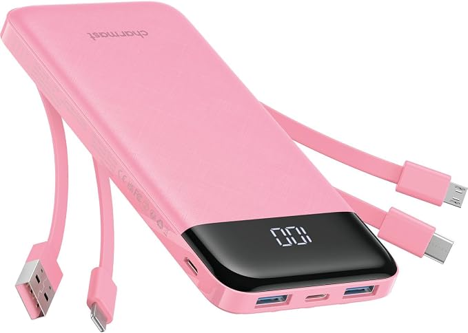 charmast Portable Charger with Built-in Cables X 4, Portable Phone Charger | 10000mAh USB C Battery Pack for All Phones Tablets,Cables Reinforced,Charge 6 Devices at Once,for Women Teens Students by charmast