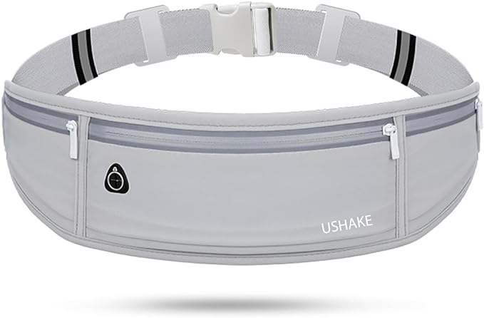 USHAKE Slim Running Belt, Workout Fanny Pack for Men Women,Exercise Waist Pack for Apple iPhone Holder, Runner Belt for Running Walking Cycling Camping Gym Light Grey by USHAKE