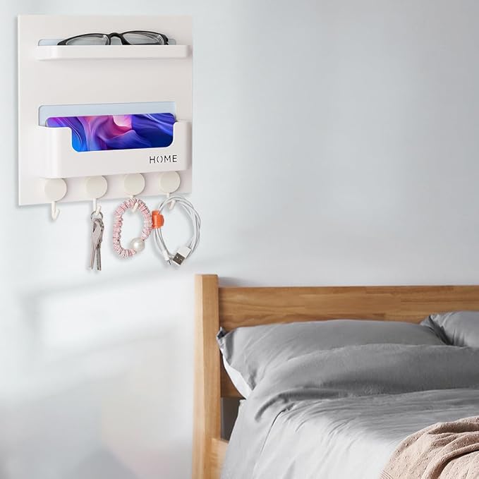 Updated Bedside Shelf Wall Mount Phone Holder Organizer Stick On Adhesive Damage Free Hanging Strips 4 Hooks Teenager Dorm Room Essentials Decoration Gasses Remotes Keys Snacks (White) - Image 3