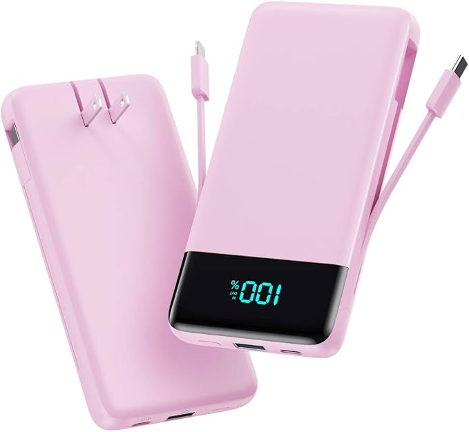 Portable Charger for iPhone,13800mAh Slim Power Bank with Built-in Cables & AC Wall Plug,All in One 4 Outputs USB C Fast Charging Battery Pack for iPhone 17/16/15/14,Android,Travel Essential (Pink) by AONIMI
