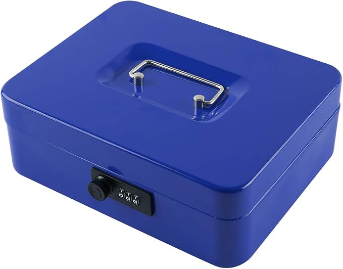 KYODOLED Large Cash Box with Combination Lock,Safe Metal Box for Money, Storage Lock Box with Money Tray,9.84"x 7.87"x 3.54" Blue Large by KYODOLED