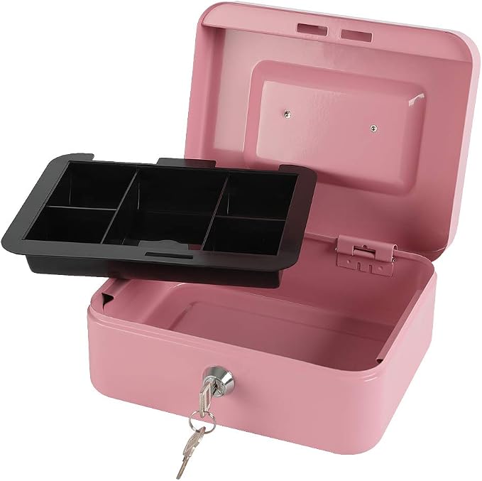 xydled Locking Steel Medium Cash Box with Removable Coin Tray and Key Lock,7.87"x 6.30"x 3.54",Pink - Image 4