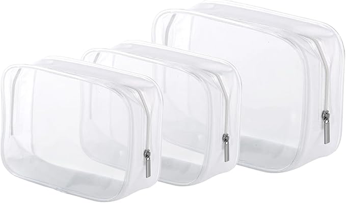 3 Pack Clear Plastic Zippered Toiletry Carry Pouch TSA Approved Toiletry Bag Portable Cosmetic Makeup Bag for Vacation, Bathroom and Organizing (White 3Pcs, Small/Large) | TSA Approved, Portable Cosmetic Makeup Bag, For Vacation, Bathroom and Organizing by Homtable