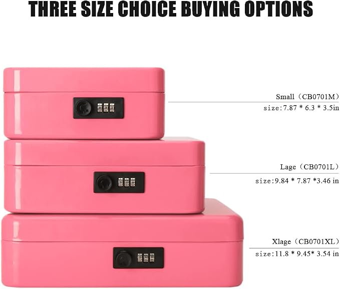 Jssmst Large Cash Box with Combination Lock - Durable Metal Cash Box with Money Tray, Pink, 11.81 x 9.84 x 3.46 inches, CB0705XLN - Image 4