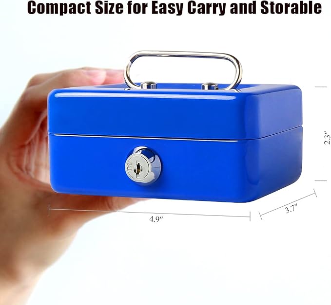 Jssmst Small Cash Box with Lock and Slot, Metal Coin Piggy Bank for Adults and Kids, Blue Locking Money Box - Image 2