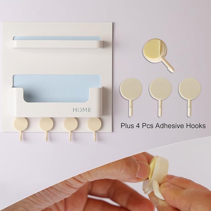 Updated Bedside Shelf Wall Mount Phone Holder Organizer Stick On Adhesive Damage Free Hanging Strips 4 Hooks Teenager Dorm Room Essentials Decoration Gasses Remotes Keys Snacks (White) - Image 4