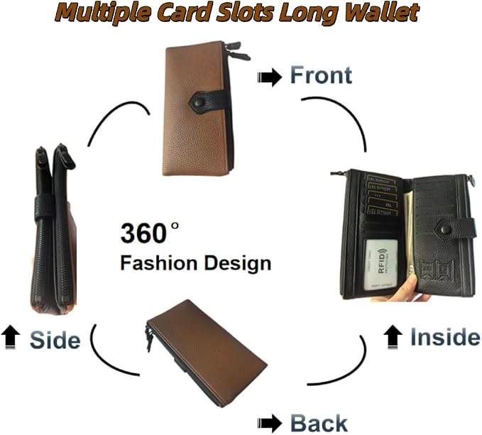 Women Slim Wallet Rfid Blocking With Passport And Credit Cards Holder Purse For Minimalist Soft Leather Zipper Monederos (brown) - Image 4