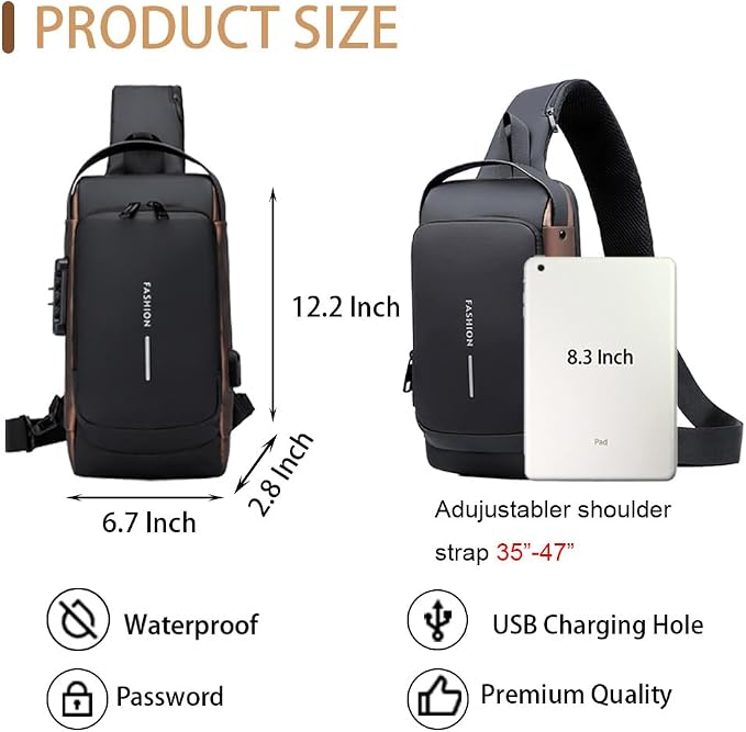 Travel Sling Bag Waterproof Crossbody Bag with Combination Lock Anti-Theft PU Leather Chest Bag with USB Charging Hole Shoulder Backpack Motorcycle Bags Black-gold - Image 2