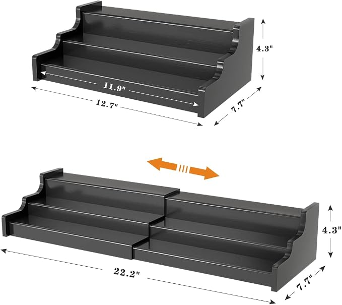 Spice Rack Organizer For Cabinet - 3 Tier Black Bamboo Wooden Expandable Display Shelf from 12.70 to 22.20 inch - Image 7