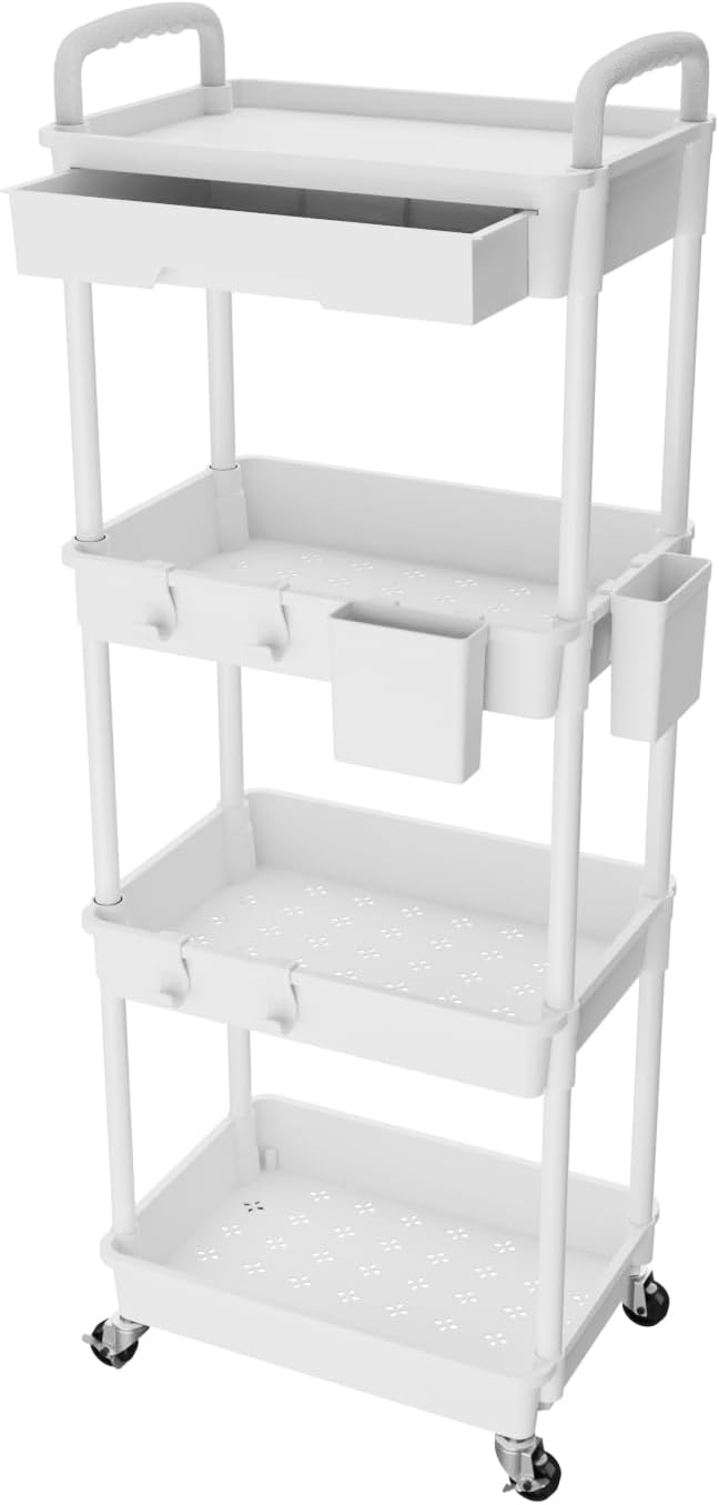 4 Tier Rolling Utility Cart with Drawer,REBECAT Utility Cart Made of Multifunctional Storage Organizer Tool for Kitchen,Bathroom,Living Room,Office(Gray) by REBECAT