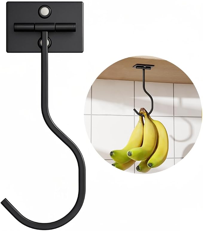 Adhesive Banana Hook Under Cabinet, Under Counter Banana Hanger, Black | Foldable Banana Hanger, Metal Banana Holder, Hold 20 Bananas, Space-Saving Design, Folding with Magnets When Not in Use by BUSSDIS