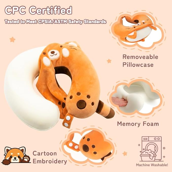 Kids Travel Neck Pillow for Ages 3-8 with Memory Foam, Red Panda | Removable cover, 13 in neck size, machine washable, hidden zipper, head and chin support, car seat and airplane use - Image 3